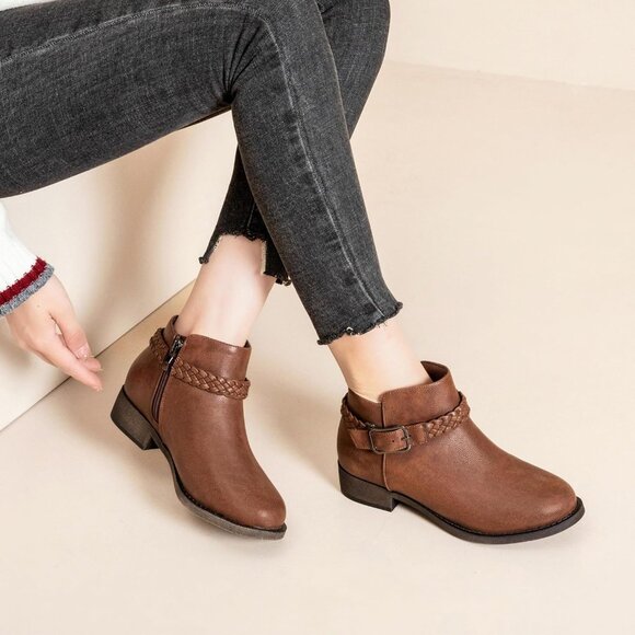 Veittes Women's Brown Comfort Slip On Low Chunky Heel Boot with Buckle Strap - Picture 5 of 6